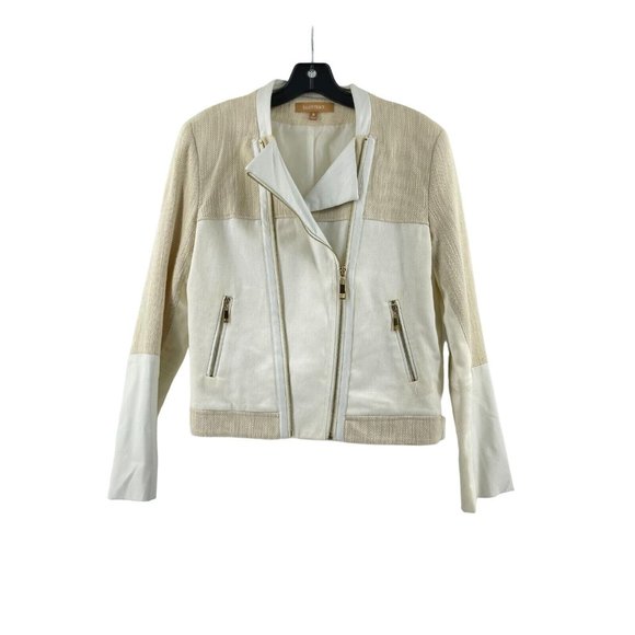 Ellen Tracy Off White Asymmetrical Zip Faux Leather Tweed Crop Jacket Size Med - Picture 5 of 16